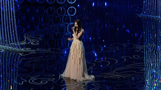 Idina Menzel performs ‘Let It Go’ during the Oscars, after a bungled intro from John Travolta. Picture: AP