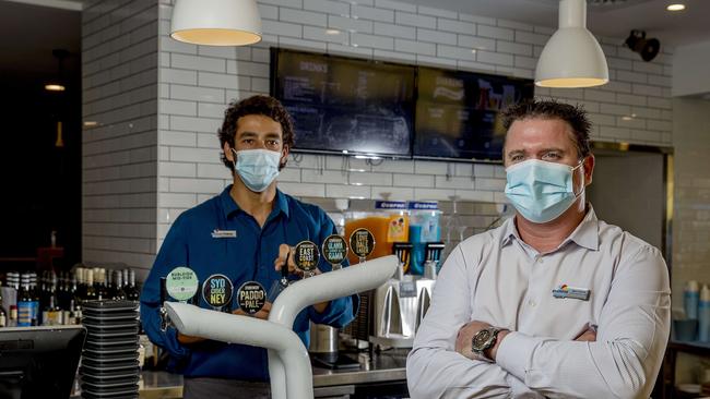 Paradise Resort in Surfers Paradise's Operation Manger Mathew May with staff member Tomas Nogueira, hoping for a full house at Easter despite the lockdown. Picture: Jerad Williams