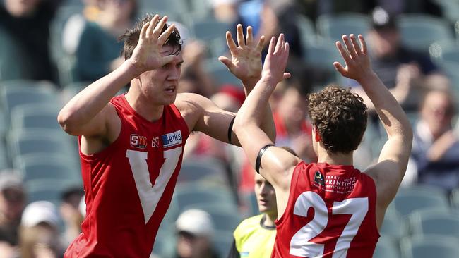 Jordon Sweet (left) celebrates a goal with Boyd Woodcock during the finals series. Picture Sarah Reed