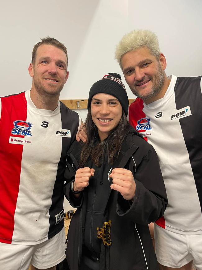 Dane Swan and Brendan Fevola with St Kilda City trainer