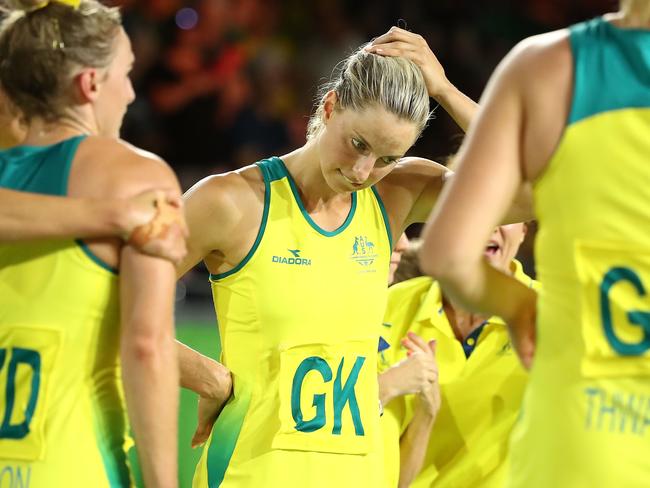 GOLD COAST, AUSTRALIA - APRIL 15:  Australia look dejected following the Netball Gold Medal Match on day 11 of the Gold Coast 2018 Commonwealth Games at Coomera Indoor Sports Centre on April 15, 2018 on the Gold Coast, Australia.  (Photo by Scott Barbour/Getty Images)