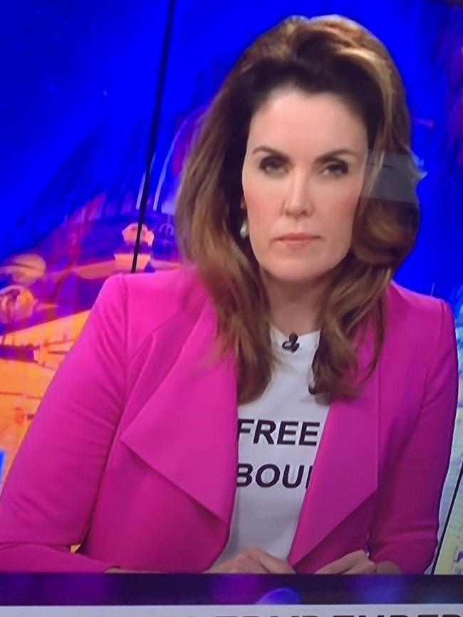 Peta Credlin wears a Free Melbourne T-shirt on Sky News.