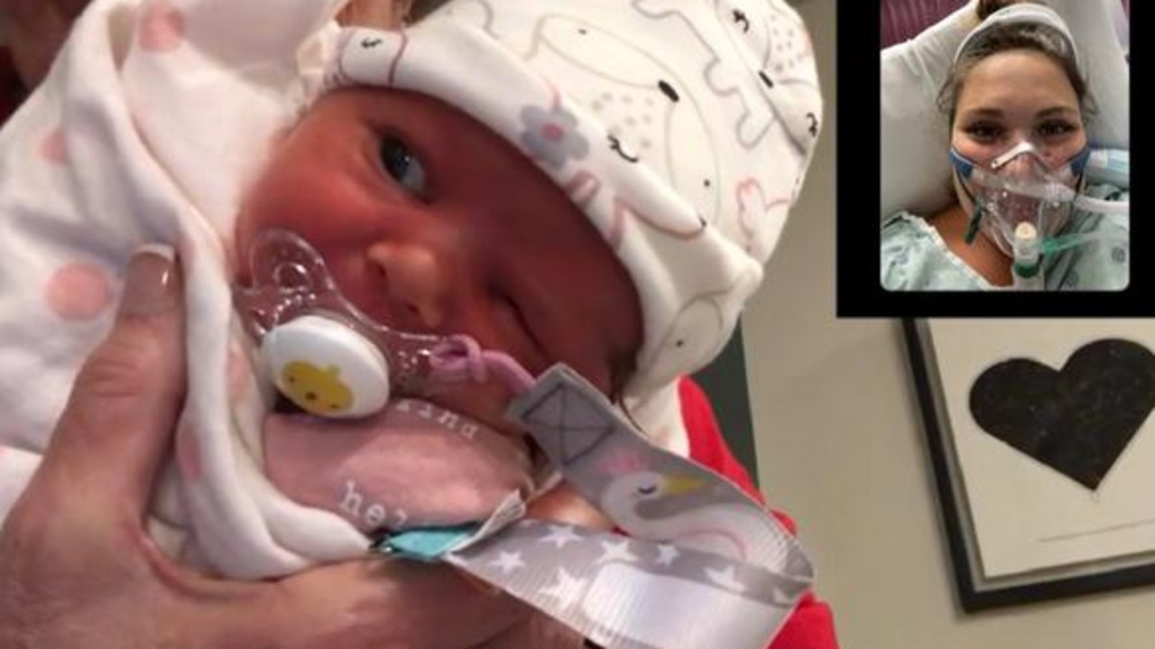 Kristen McMullen Facetimes her daughter while in the Covid ICU ward. Picture: GoFundMe