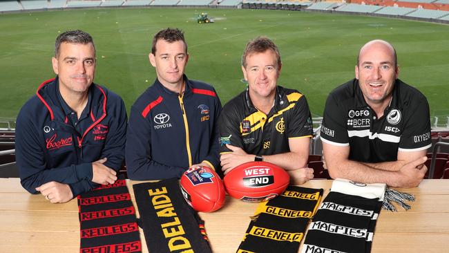 The SANFL coaches still in the race for the flag (from left) Norwood’s Jarrod Cotton, Adelaide’s Heath Younie, Glenelg’s Mark Stone and Port’s Matt Lokan. Picture: Tait Schmaal