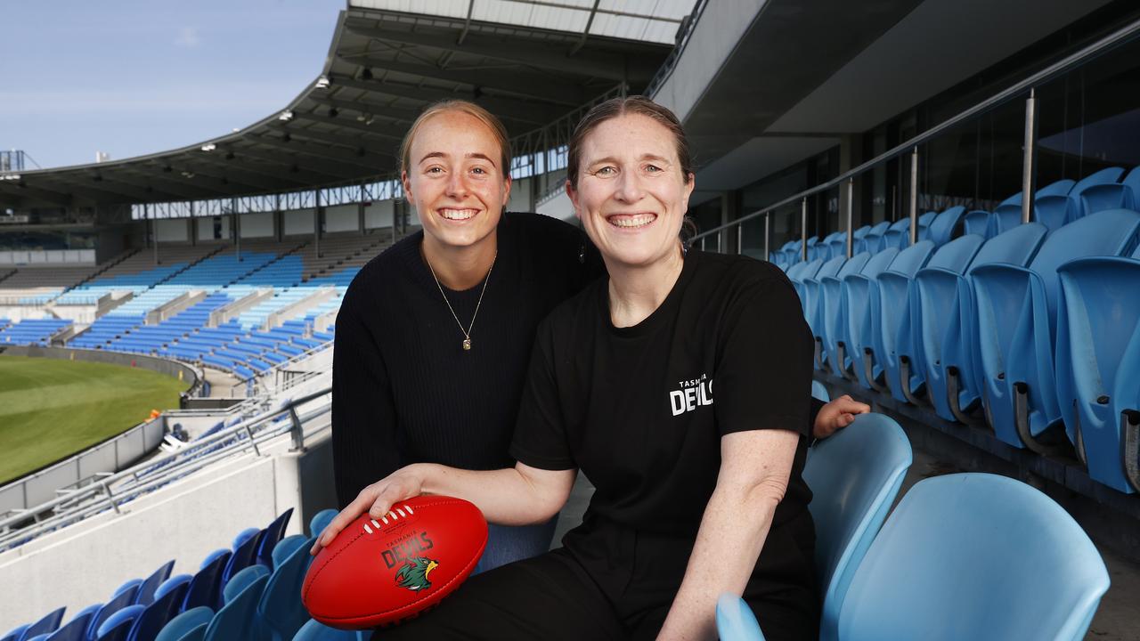 Olympian Maddi Brooks with Kath McCann Executive Director Tasmania Football Club. Tasmania Football Club announcement of a new education program in partnership with Tasmania JackJumpers, Hobart Hurricanes and Netball Tasmania. Picture: Nikki Davis-Jones