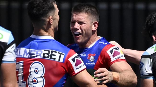 PRE 2024 RD01 Newcastle Knights v Cronulla-Sutherland Sharks - Jack Cogger, try, celeb NRL PHOTOS