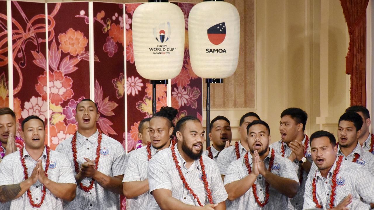 Samoa players perform during a welcome ceremony for their team in Yamagata.