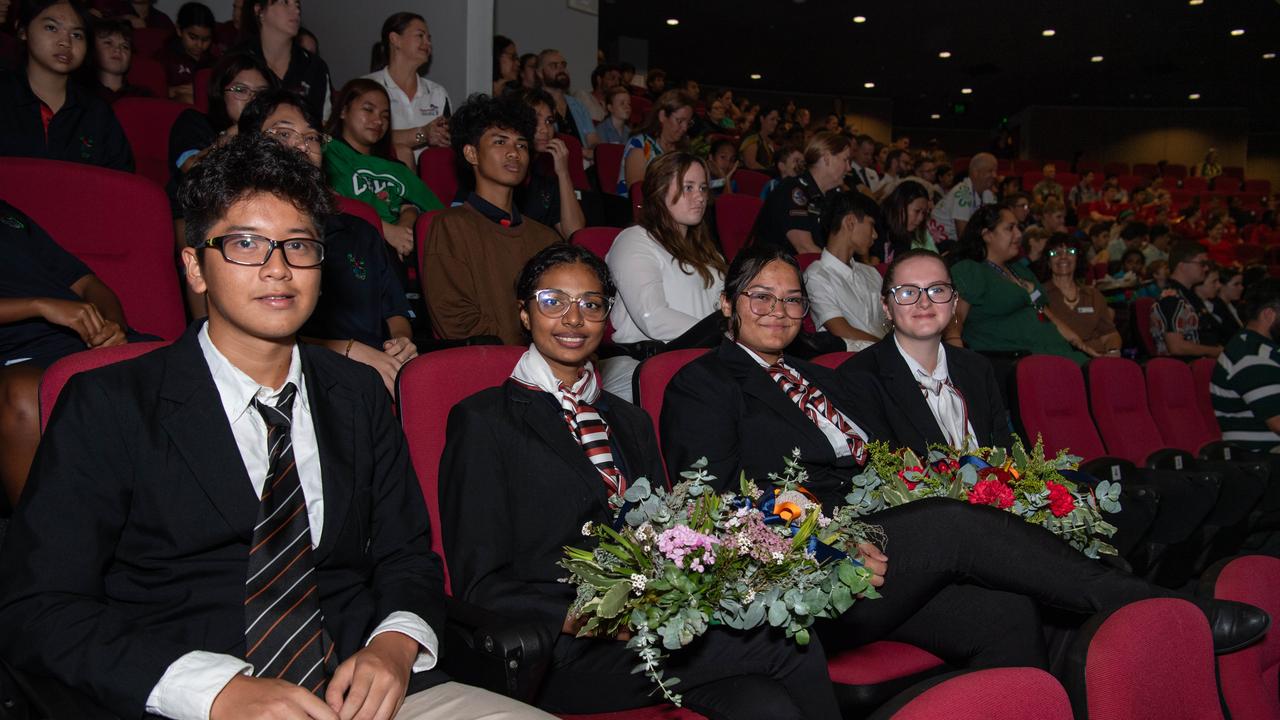 Le Minh Khoi Ha, Rudainah Yousra, Eve Murray and Chelsea Thompson as the Top End community gathered at the Darwin Convention Centre to commemorate the Bombing of Darwin. Picture: Pema Tamang Pakhrin