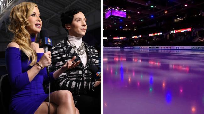 Tara Lipinski and Johnny Weir broke down on air. Photo: Getty, Jamie Squire and X, @awfulannouncing.