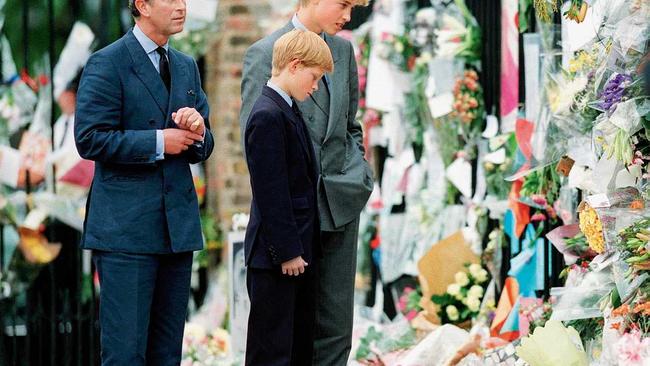 LONDON, ENGLAND - SEPTEMBER 5: The Prince of Wales, Prince William and Prince Harry look at floral tributes to Diana, Princess of Wales outside Kensington Palace  on September 5, 1997 in London, England.   (Photo by Anwar Hussein/WireImage). Picture: Contributed