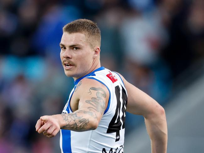 HOBART, AUSTRALIA - APRIL 27: Cameron Zurhaar of the Kangaroos celebrates a goal during the 2024 AFL Round 07 match between the North Melbourne Kangaroos and the Adelaide Crows at Blundstone Arena on April 27, 2024 in Hobart, Australia. (Photo by Dylan Burns/AFL Photos via Getty Images)
