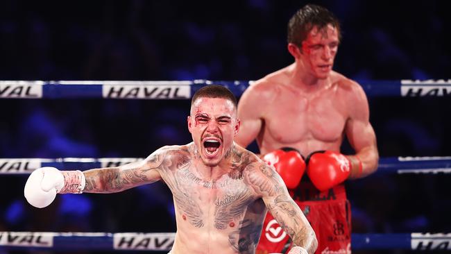 George Kambosos Jr of Australia celebrates beating Qamil Balla at Vodafone Events Centre on May 6, 2017 in Auckland, New Zealand. (Photo by Hannah Peters/Getty Images)