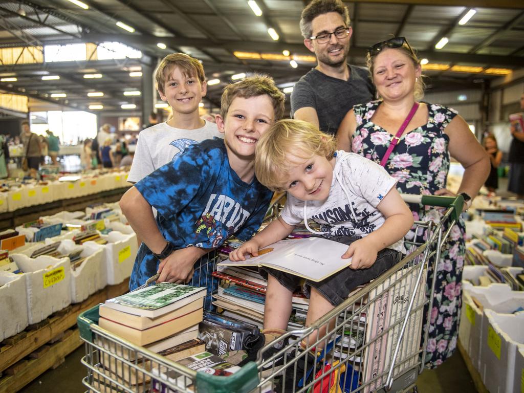 (back from left) Harrison, Matthew and Cherie Croker and (front from left) Stanley and Oscar Croker at the Chronicle Lifeline Bookfest 2022. Saturday, March 5, 2022. Picture: Nev Madsen.