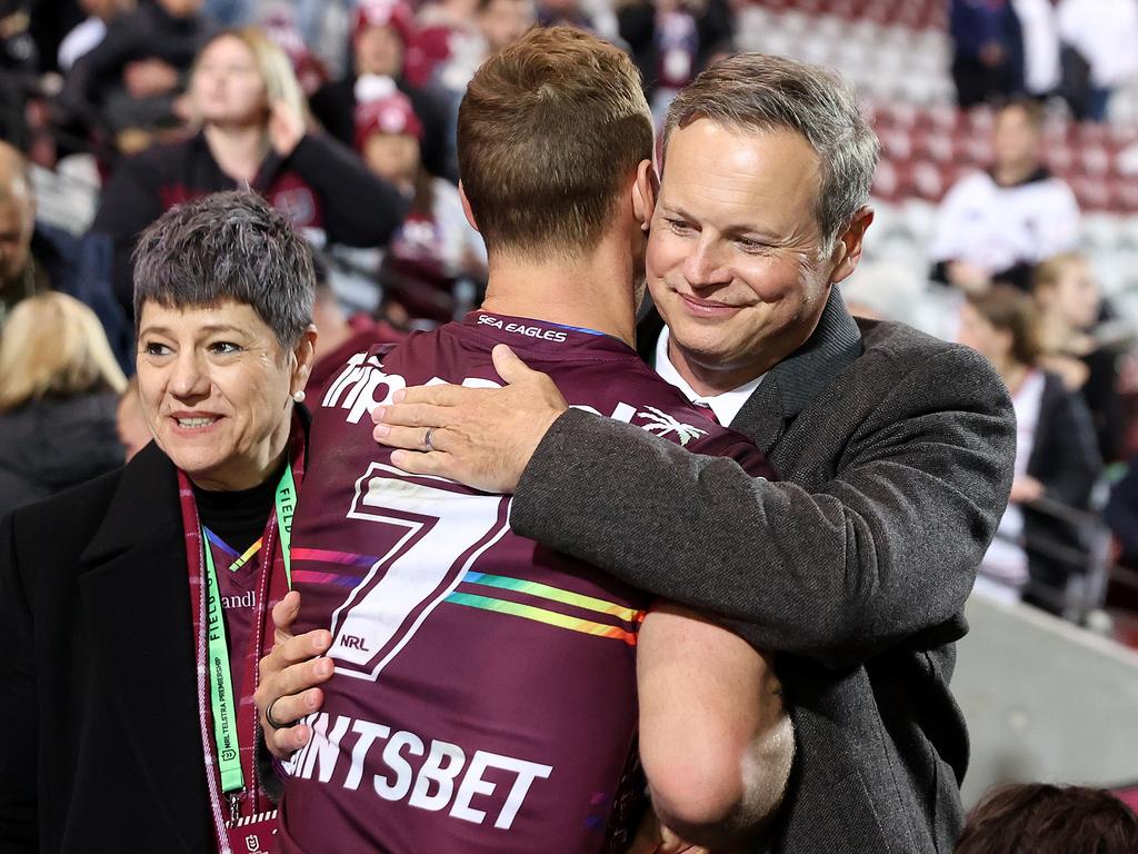 Manly chairman Scott Penn embraces Daly Cherry-Evans. Picture: Cameron Spencer/Getty Images
