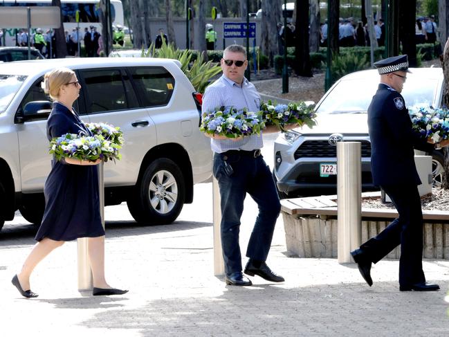 Mourners at the memorial service with full police honours for constables Rachel McCrow and Matthew Arnold at Brisbane Entertainment Centre. Picture: Steve Pohlner