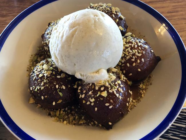 Loukomathes (Greek donuts) with honey and pistachios at Eleni's restaurant, Mallee Estate, Renmark