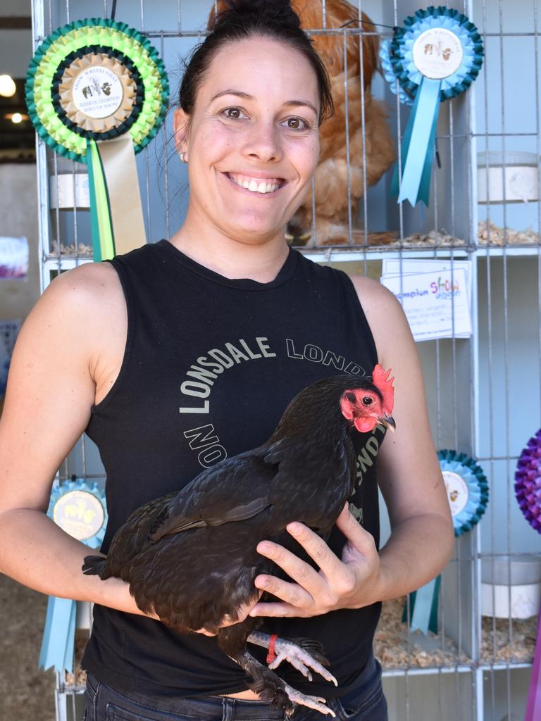 Larissa Bonehill of Mackay won Champion Soft Feather Bantam with this Australian langshan bantam pullet. Picture: Kirra Grimes