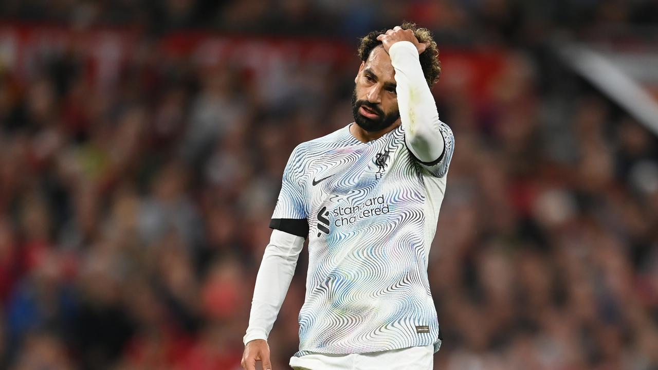 MANCHESTER, ENGLAND - AUGUST 22: Mohamed Salah of Liverpool looks dejected during the Premier League match between Manchester United and Liverpool FC at Old Trafford on August 22, 2022 in Manchester, England. (Photo by Michael Regan/Getty Images)
