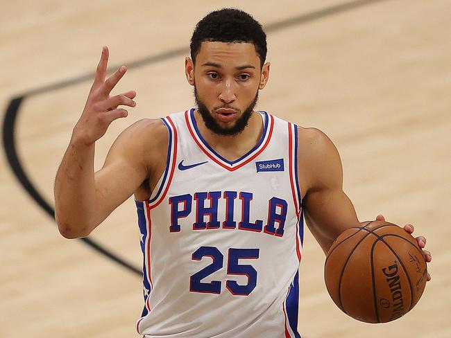 ATLANTA, GEORGIA - JUNE 18:  Ben Simmons #25 of the Philadelphia 76ers calls out a play against the Atlanta Hawks during the first half of game 6 of the Eastern Conference Semifinals at State Farm Arena on June 18, 2021 in Atlanta, Georgia.  NOTE TO USER: User expressly acknowledges and agrees that, by downloading and or using this photograph, User is consenting to the terms and conditions of the Getty Images License Agreement. (Photo by Kevin C. Cox/Getty Images)