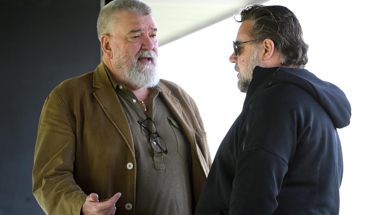 Shane Richardson, pictured with Rabbitohs diehard and actor Russell Crowe, has enjoyed a long and successful career in rugby league administration. Picture: AAP Image/Joel Carrett