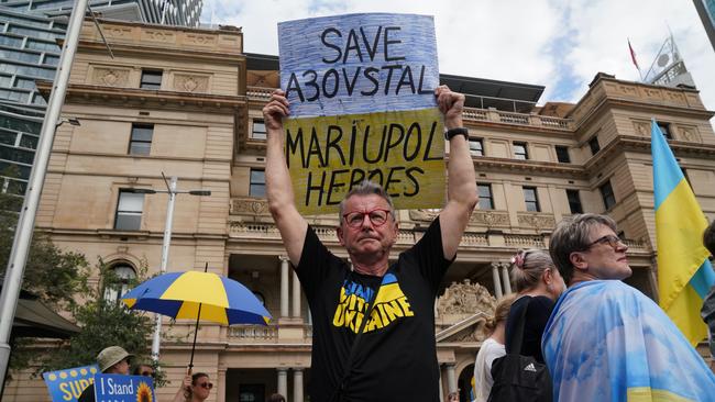 A Save Mariupol and Azovstal sign at a Ukraine rally on May 15. Picture: Michelle Haywood