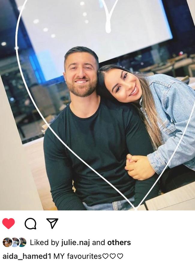 Aida Hamed, who tragically drowned on the Mornington Peninsula this week, uploaded this photo of her "favourites", son Daniel Hamed and his fiance Alisar Najem, to her Instagram page. Picture: Supplied