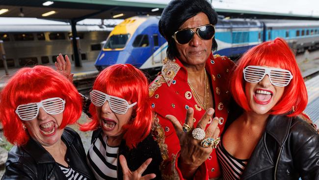 Elvis fans Monica Ling, Linda Connell and Julie Mellae with Alfred Vaz the Bollywood Elvis. Picture: David Swift