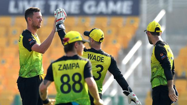 Josh Hazlewood (L) is a key component of a world-class bowling attack. Picture: AFP