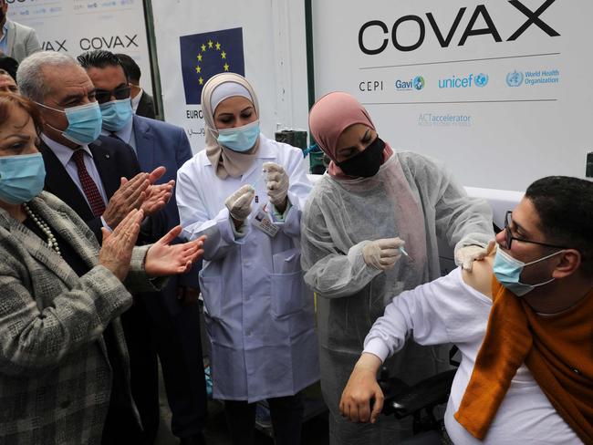 Some 60,000 doses of Pfizer/BioNTech and AstraZeneca doses arrived in the Israeli-occupied West Bank via the Covax scheme of the World Health Organisation. Picture: AFP