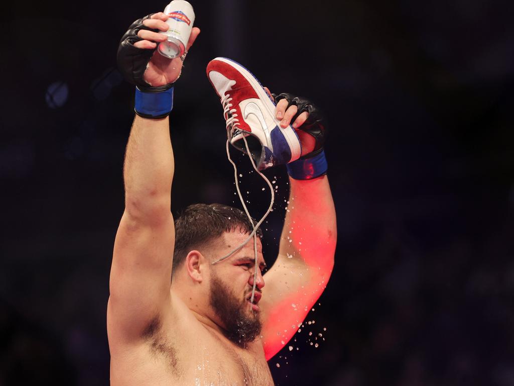 Tai Tuivasa celebrates with his trademark ‘shoey’. Picture: Carmen Mandato/Getty