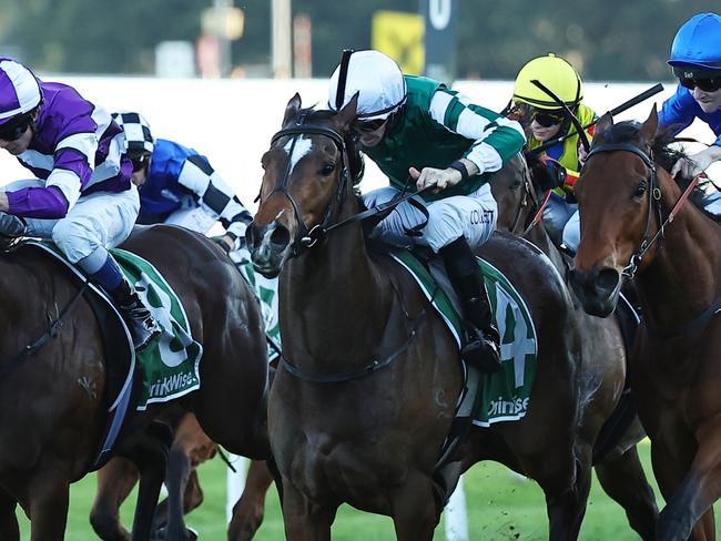 SYDNEY, AUSTRALIA - AUGUST 24: Jason Collett riding Kimochi wins Race 9 James Squire Toy Show Quality during Winx Stakes Day - Sydney Racing at Royal Randwick Racecourse on August 24, 2024 in Sydney, Australia. (Photo by Jeremy Ng/Getty Images)