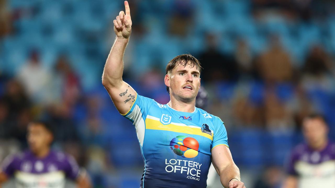 GOLD COAST, AUSTRALIA - MAY 04: AJ Brimson of the Titans celebrates a try before being disallowed during the round nine NRL match between Gold Coast Titans and Melbourne Storm at Cbus Super Stadium, on May 04, 2024, in Gold Coast, Australia. (Photo by Chris Hyde/Getty Images)