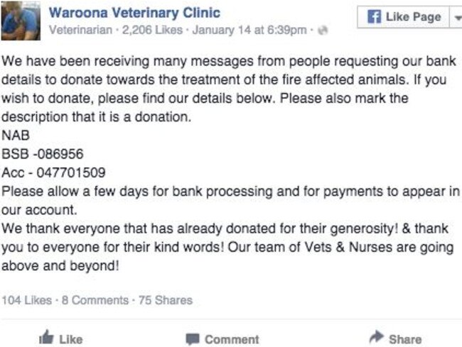 The Waroona Veterinary Clinic would love to receive more donations to assist more injured wildlife. Picture: Facebook.