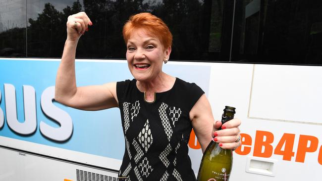 One Nation leader Pauline Hanson, who hit the campaign trail with the ‘Battler Bus’ earlier this month, hopes she’ll be partying like it’s 1998 after the results of tomorrow’s Queensland state election. Picture: Dave Hunt / AAP Image