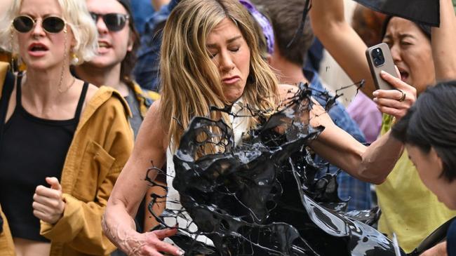 Jennifer Aniston is seen filming on location for Morning Wars in the Flatiron District on July 28, 2024 in New York City. Picture: James Devaney/GC Images