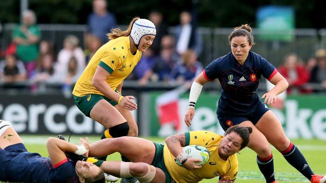 Australia's centre Sharni Williams is tackled during the Women's Rugby World Cup 2017 pool C rugby match between France and Australia in Dublin. Photo: AFP