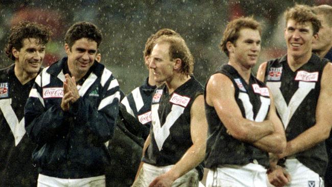 The Big V: Stephen Silvagni, Garry Lyon, Gary Ablett, David Neitz and Jim Stynes during a clash against South Australia in 1995. Picture: Brett Faulkner