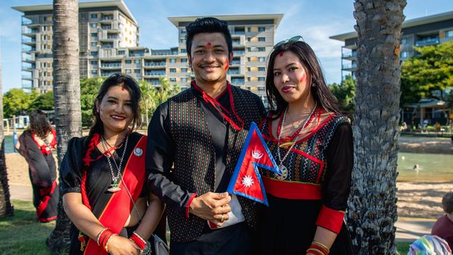 Elisha Maharjan, Ricky Maharjan and Sandhya Maharjan at the 2024 Darwin Nepalese Festival. Picture: Pema Tamang Pakhrin