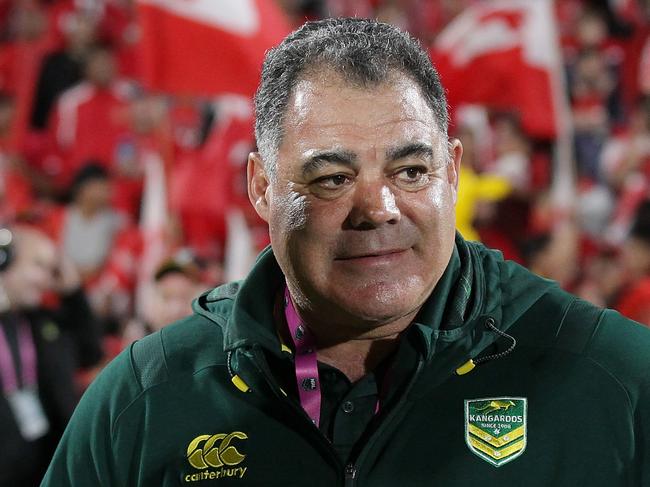 Captain Boyd Cordner (left) and coach Mal Meninga of Australia are seen following the Rugby League Test match between the Australia Kangaroos and the Tonga Mate Ma'a at Mt Smart Stadium in Auckland, New Zealand, Saturday, October 20, 2018. (AAP Image/David Rowland) NO ARCHIVING, EDITORIAL USE ONLY