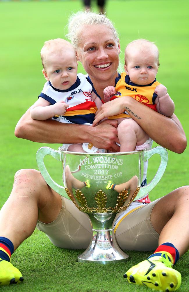 Erin Phillips with her then four-month-old twins Blake and Brooklyn after Adelaide’s AFLW Grand Final in March. Picture: Adam Head