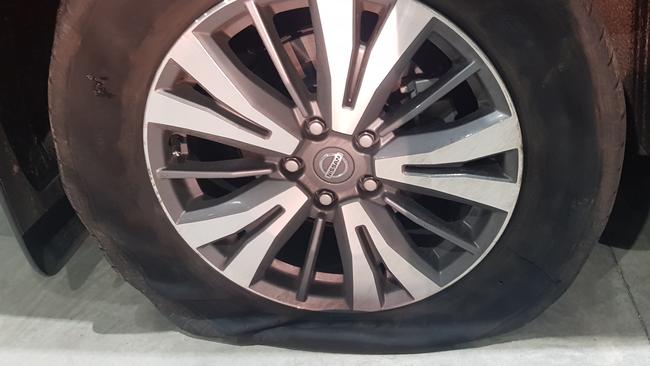 One of the car’s slashed tyres. Picture: Victoria Police