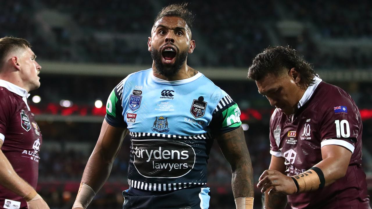 Josh Addo-Carr of the Blues celebrates scoring a try during game one of the 2020 State of Origin series at the Adelaide Oval.