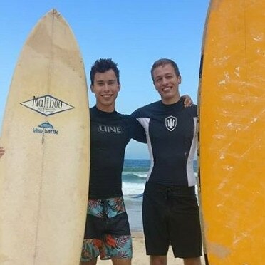 Erwan Ferrieux and Hugo Palmer (right), both 20, went missing while swimming at Shelley Beach on Monday. Picture: Instagram