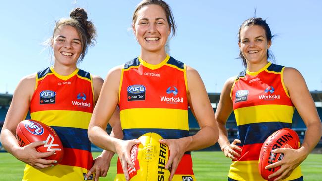 Crows Women AFL players Jenna McCormick, Rheanne Lugg and Sally Riley.