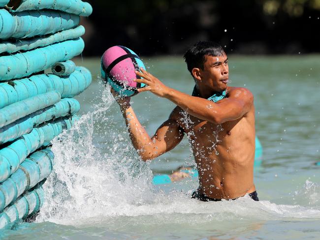 Jericho competes in a challenge in Samoa.