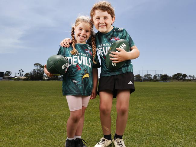 Siblings Florence Howard 4 and George Howard 5 who Auskickers at Lauderdale Football Club.  The growth of Auskick participation in Tasmania has increased dramatically in the past year.  Picture: Nikki Davis-Jones