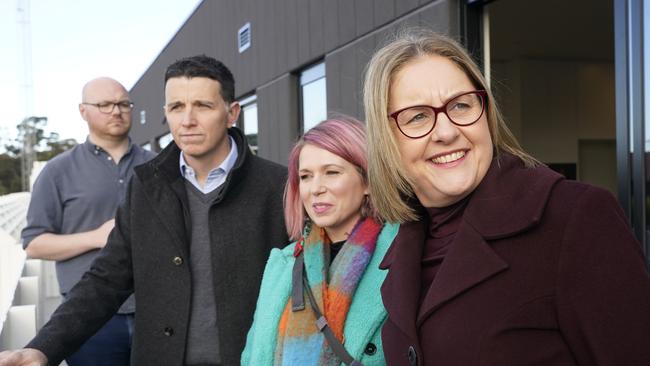 Premier Jacinta Allan makes an announcement regarding residential developments in Cheltenham together with City of Kingston mayor Jenna Davey-Burns and Ryan Batchelor MP, second left. Picture: NewsWire/Valeriu Campan