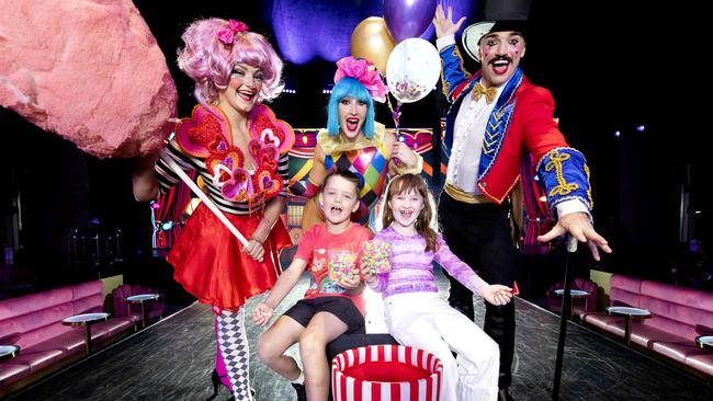Six-year-old Diesel Buitenhuis and seven-year-old Harlow Bradbury with Taijla Morrow, Emilee-May Bradbury and Trent Owers at the Pink Flamingo Spiegeland Brisbane, Hamilton, Tuesday, April 9, 2024 - Picture: Richard Walker