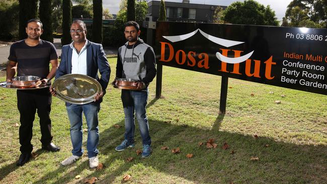 Dosa Hut owners Veranda Nethi, Rampal Muthyala and Raghavender Depa at the 700-sq-m mega Indian eatery. Picture: Stuart Milligan