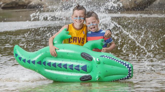 Archer and Darby make a splash at Tidal River, Wilsons Prom. Picture: Rob Leeson